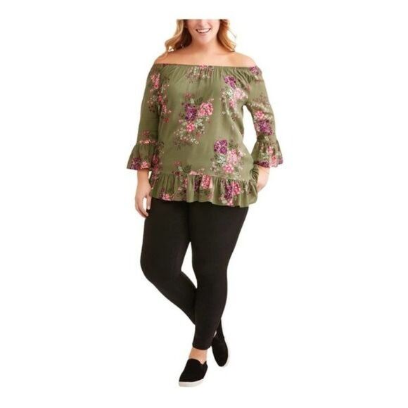 Terra & Sky Ruffled Off Shoulder Floral Peplum Peasant Top 1X Olive Rayon NEW - Picture 6 of 6